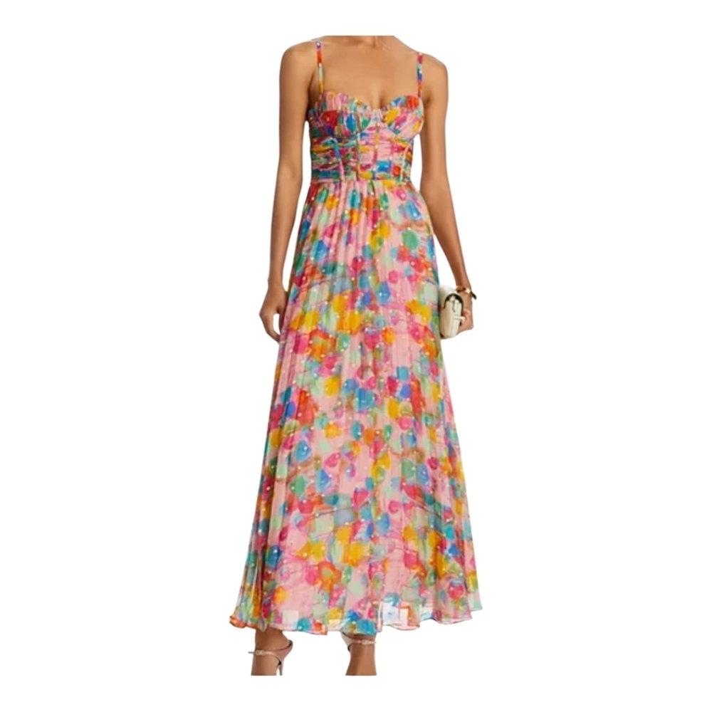 Aqua X Kerri Rosenthal Womens Maxi Dress Pink/Multi Pleated Corset Bust Size XL